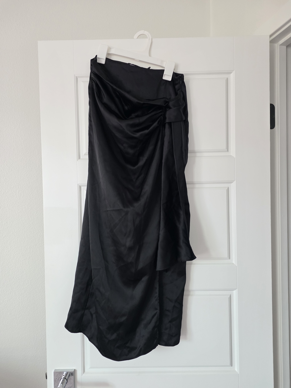 Zara Black Satin Tie-Detail Midi Skirt